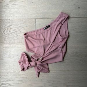 Pink one shoulder Shein shirt with bow tie, crop top